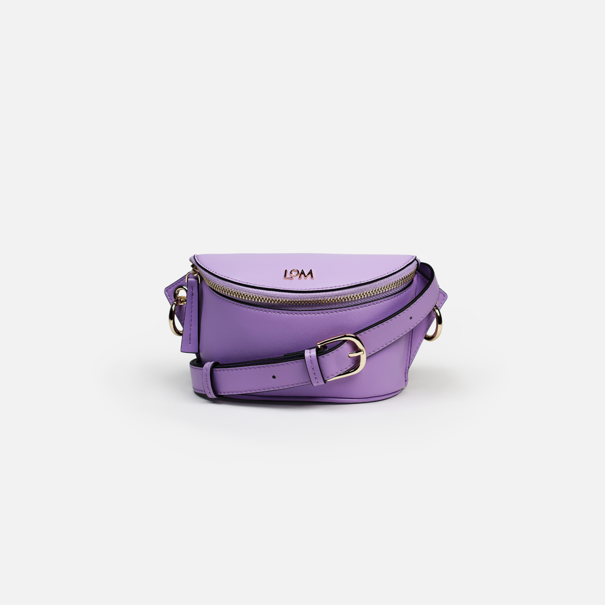 LOM Australia Leia Belt Bag in lilac. Front side with light gold zip to open main compartment which will house phone, keys, mask and lipstick. Adjustable belt strap to wear across body or around waist.