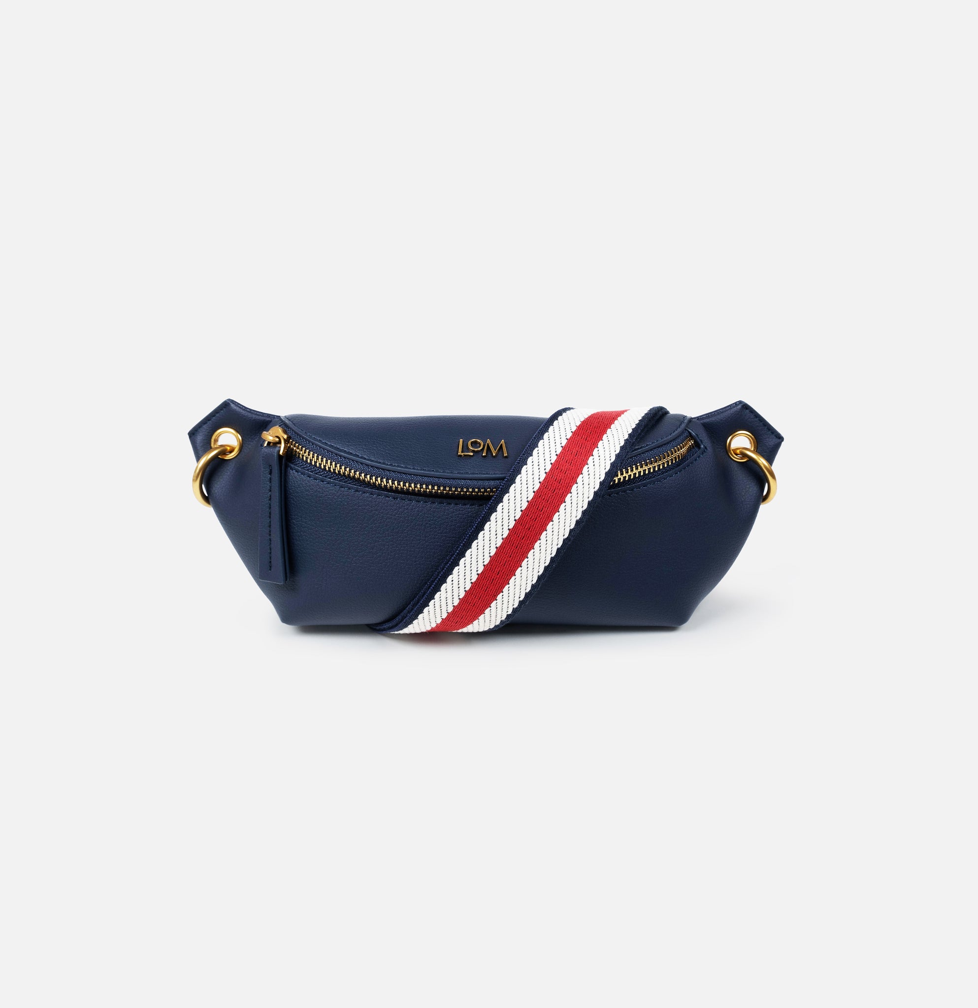 LOM Australia - Steall Belt Bag in Navy vegan cactus leather with Chamaeleon Red, White & Navy cotton webbing strap.