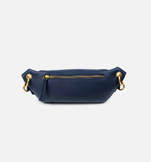 LOM Australia | Stella Belt Bag in navy blue, vegan, cactus leather with antique gold hardware.