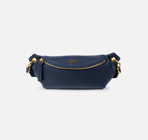 LOM Australia | Stella Belt Bag in navy blue, vegan, cactus leather with antique gold hardware.
